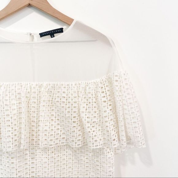 Abbey Glass Luxury Eyelet Mesh Top Floating Ruffle Illusion Blouse White Medium - Picture 3 of 9